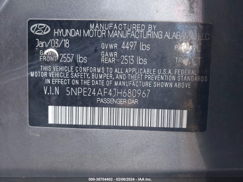 VIN 5NPE24AF4JH680967 2018 HYUNDAI SONATA no.9