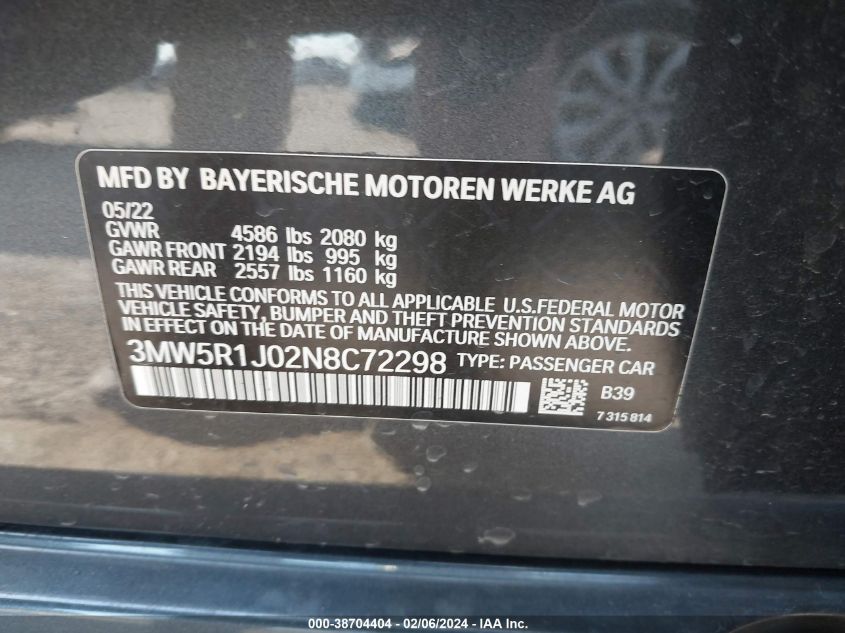 3MW5R1J02N8C72298 2022 BMW 330I