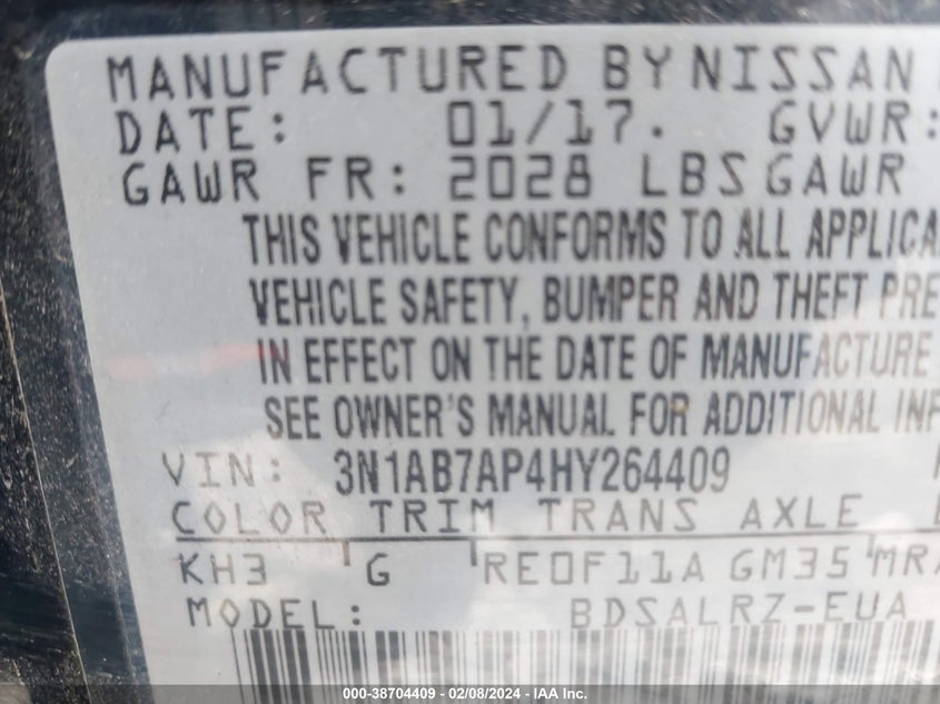 VIN 3N1AB7AP4HY264409 2017 NISSAN SENTRA SR