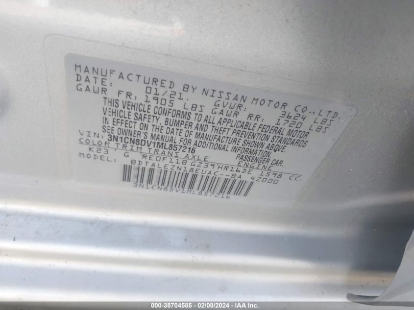 2021 Nissan Versa S Xtronic Cvt VIN: 3N1CN8DV1ML857216 Lot: 38704585