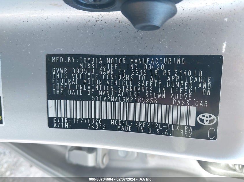 VIN 5YFVPMAE6MP165856 2021 TOYOTA COROLLA LE