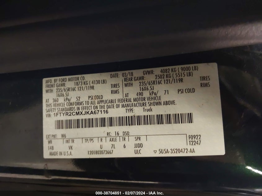 VIN 1FTYR2CMXJKA67116 2018 FORD TRANSIT-250