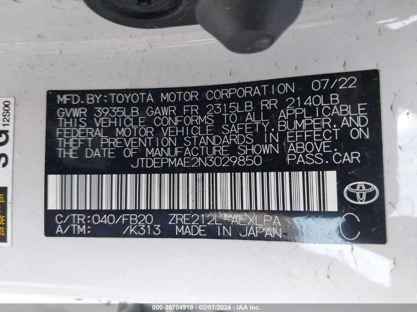 2022 TOYOTA COROLLA VIN: JTDEPMAE2N3029850