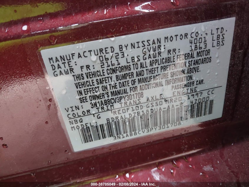 VIN 3N1AB8CV3PY301708 2023 NISSAN SENTRA SV