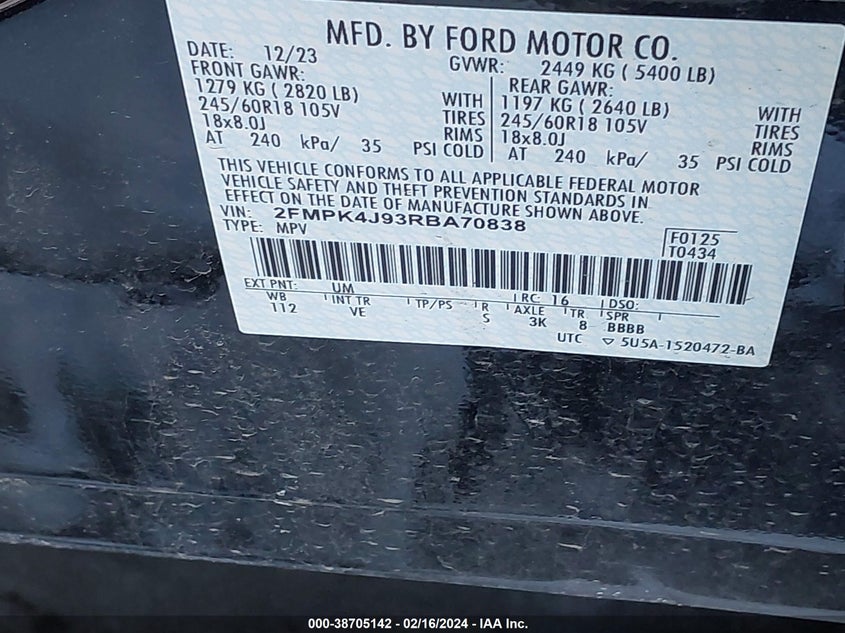 2024 FORD EDGE 2.0L I-4 DI, DOHC, V(VIN: 2FMPK4J93RBA70838