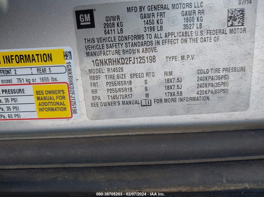 2015 CHEVROLET TRAVERSE 2LT - 1GNKRHKD2FJ125198