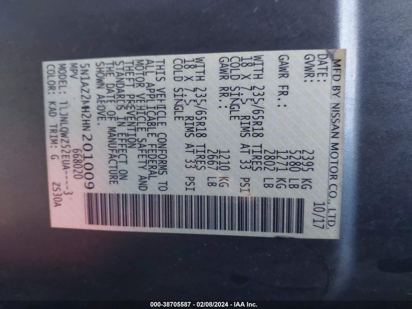 VIN 5N1AZ2MH2HN201009 2017 NISSAN MURANO S/SL/SV/PLATINUM