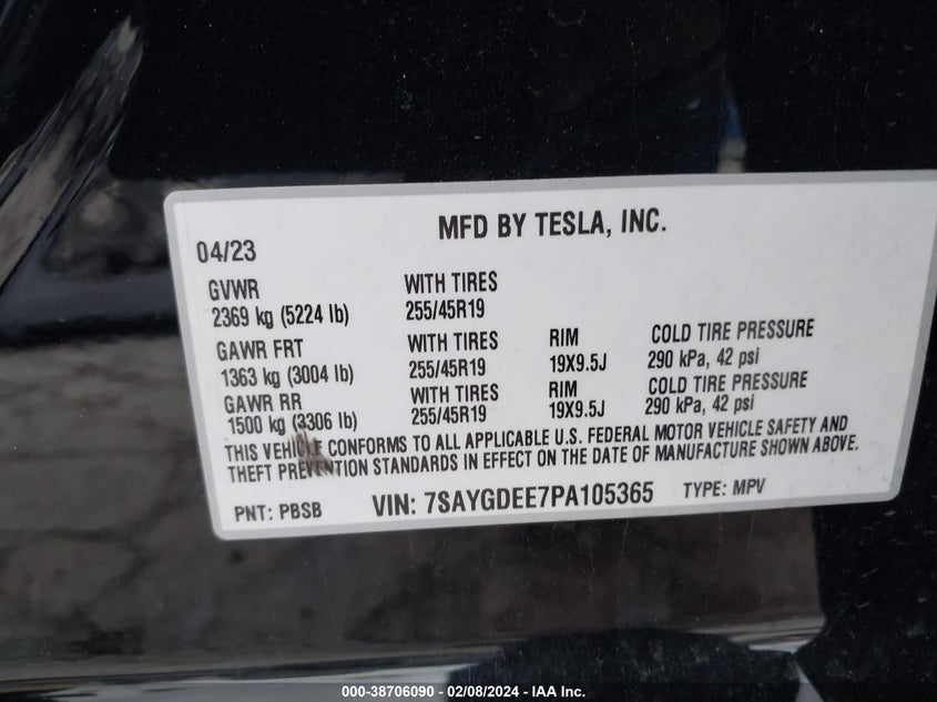 2023 TESLA MODEL Y U   U(VIN: 7SAYGDEE7PA105365