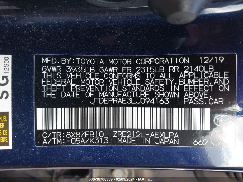 VIN JTDEPRAE3LJ094163 2020 TOYOTA COROLLA LE