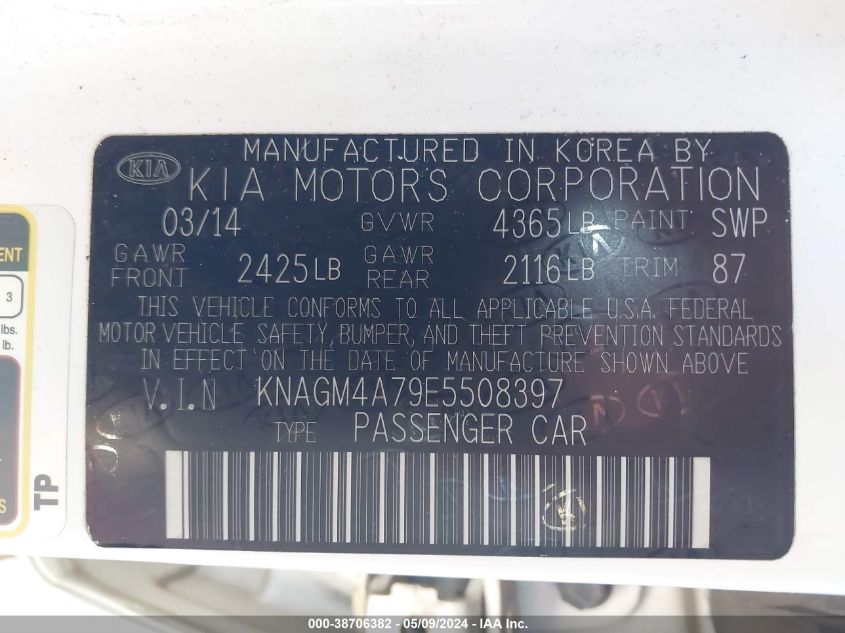 2014 Kia Optima Lx VIN: KNAGM4A79E5508397 Lot: 39931110