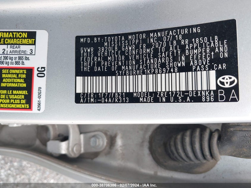 2019 TOYOTA COROLLA L/LE/XLE/SE/XSE - 5YFBURHE1KP869748