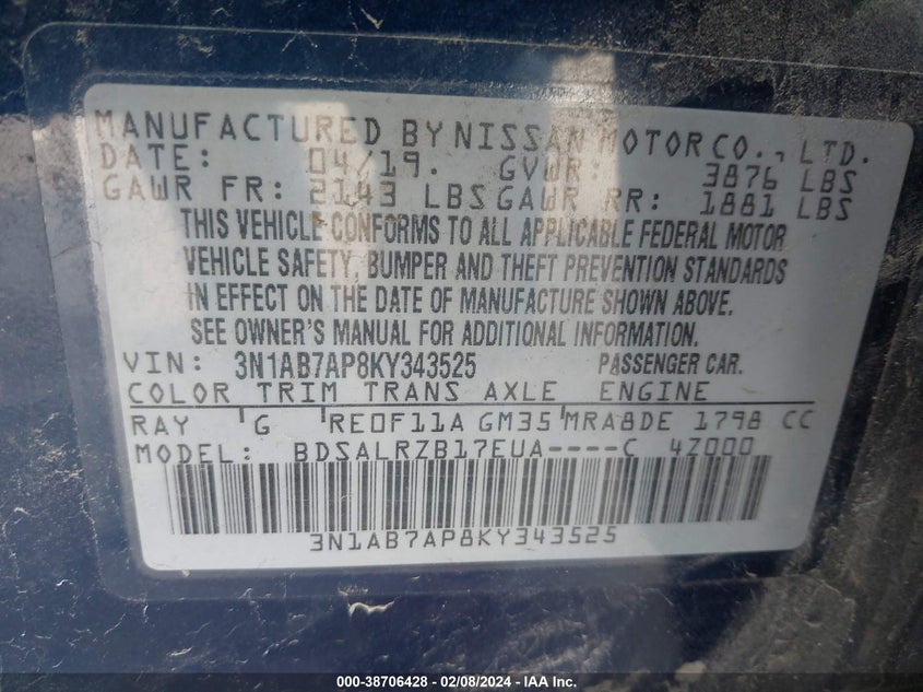 VIN 3N1AB7AP8KY343525 2019 NISSAN SENTRA S/SV/SR/SL