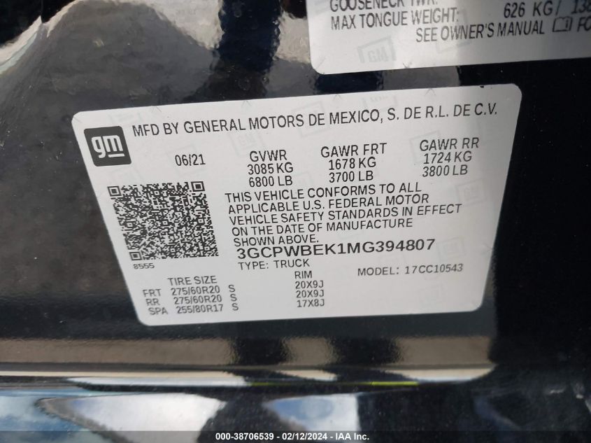 VIN 3GCPWBEK1MG394807 2021 CHEVROLET SILVERADO 1500 no.9