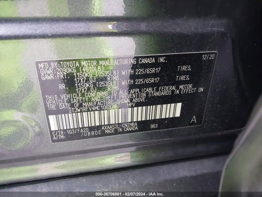 VIN 2T3W1RFV4MC106338 2021 TOYOTA RAV4 XLE