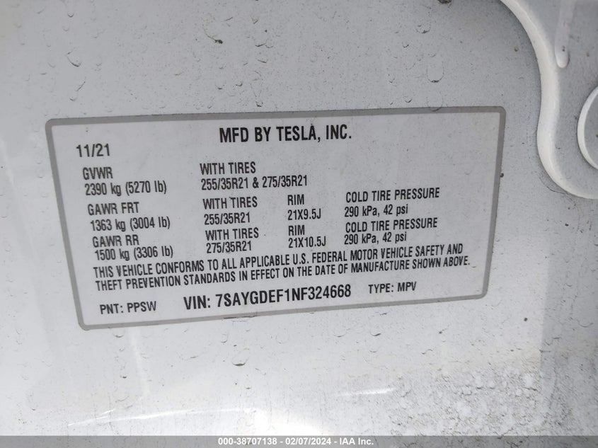 VIN 7SAYGDEF1NF324668 2022 TESLA MODEL Y PERFORMANCE DUAL MOTOR ALL-WHEEL DRIVE