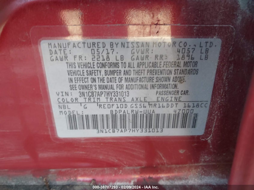 VIN 3N1CB7AP7HY331013 2017 NISSAN SENTRA SR TURBO