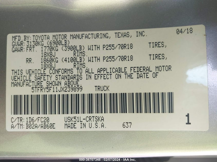 2018 TOYOTA TUNDRA VIN: 5TFRY5F11JX239899