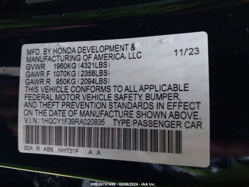 2024 Honda Accord Ex VIN: 1HGCY1F39RA020835 Lot: 38707495