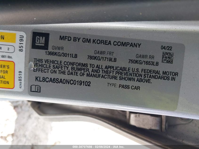 2022 Chevrolet Spark Fwd Ls Manual VIN: KL8CA6SA0NC019102 Lot: 38707656