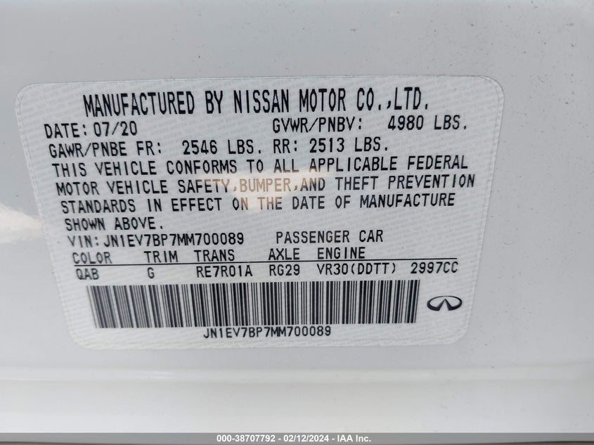 VIN JN1EV7BP7MM700089 2021 INFINITI Q50 LUXE