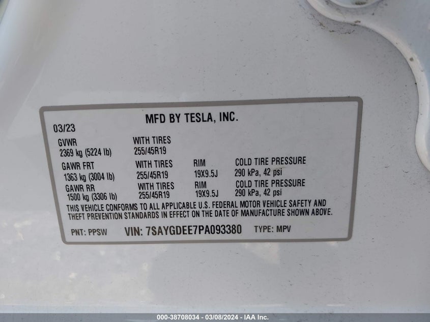 VIN 7SAYGDEE7PA093380 2023 TESLA MODEL Y
