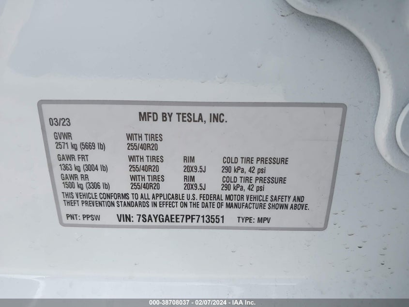 VIN 7SAYGAEE7PF713551 2023 TESLA MODEL Y AWD/LONG RANGE DUAL MOTOR ALL-WHEEL DRIVE