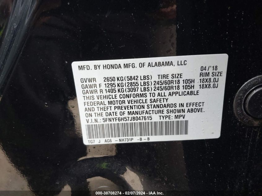 2018 HONDA PILOT EXL - 5FNYF6H57JB047615