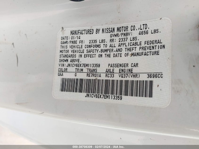 2014 Infiniti Q60 Journey/Sport VIN: JN1CV6EK7EM113359 Lot: 38708309