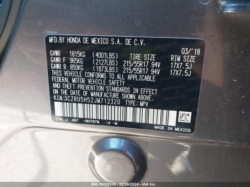 VIN 3CZRU5H52JM712320 2018 HONDA HR-V EX