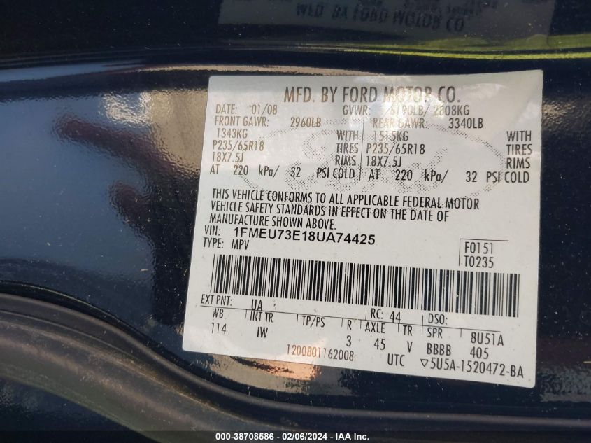 2008 Ford Explorer Xlt VIN: 1FMEU73E18UA74425 Lot: 38708586