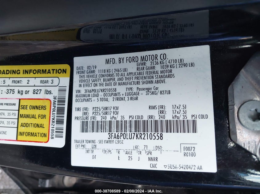 2019 FORD FUSION HYBRID SE VIN: 3FA6P0LU7KR210558