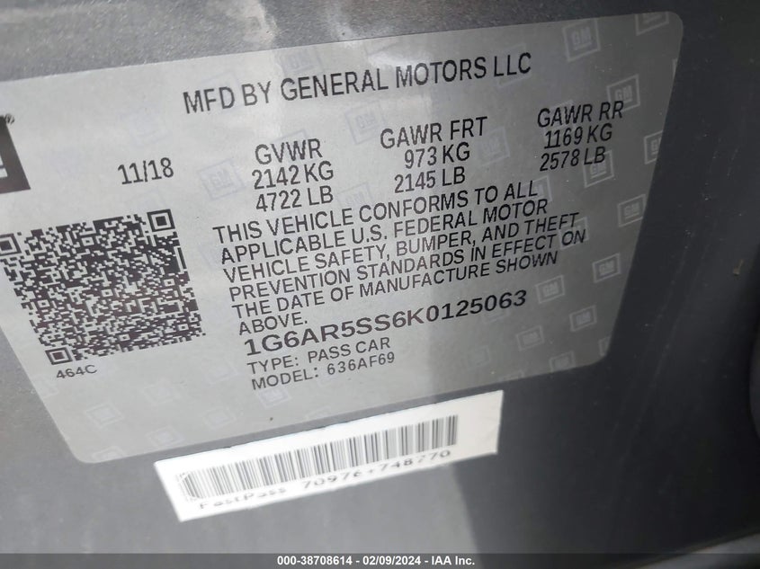 VIN 1G6AR5SS6K0125063 2019 CADILLAC CTS LUXURY