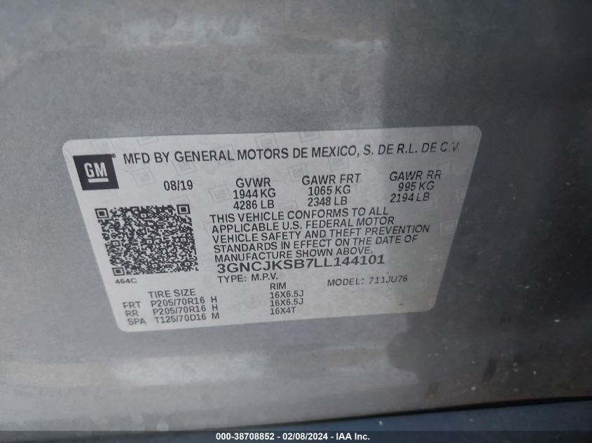 3GNCJKSB7LL144101 2020 Chevrolet Trax Fwd Ls