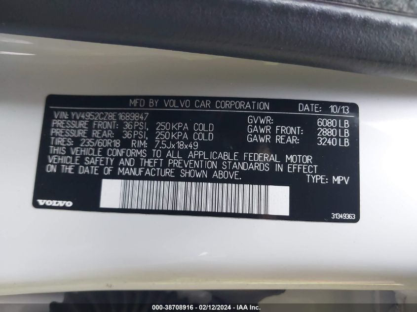 2014 Volvo Xc90 3.2/3.2 Platinum/3.2 Premier Plus VIN: YV4952CZ8E1689847 Lot: 38708916