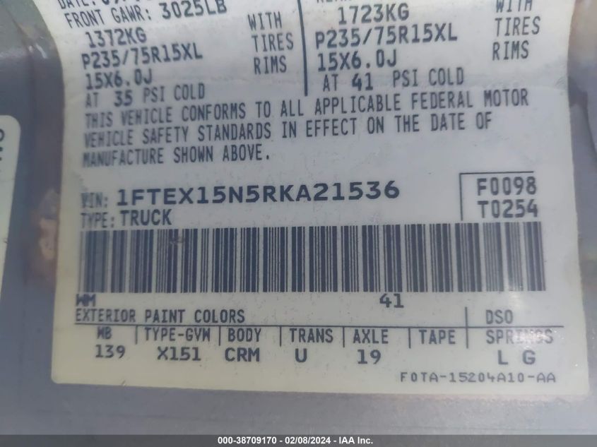 1994 Ford F150 VIN: 1FTEX15N5RKA21536 Lot: 38709170