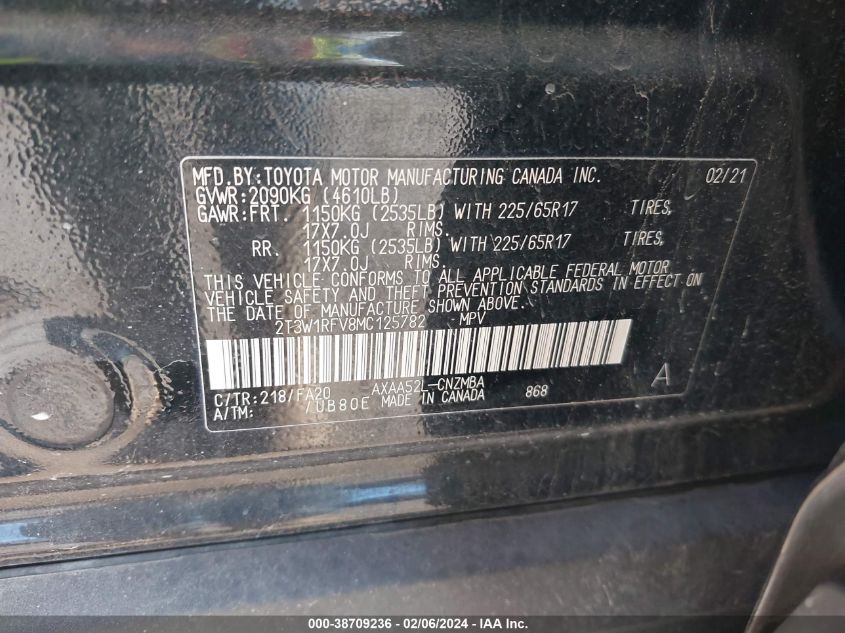 2T3W1RFV8MC125782 2021 Toyota Rav4 Xle