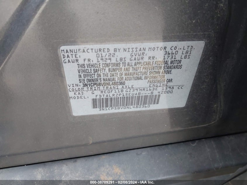 2022 NISSAN KICKS S XTRONIC CVT - 3N1CP5BV0NL480360