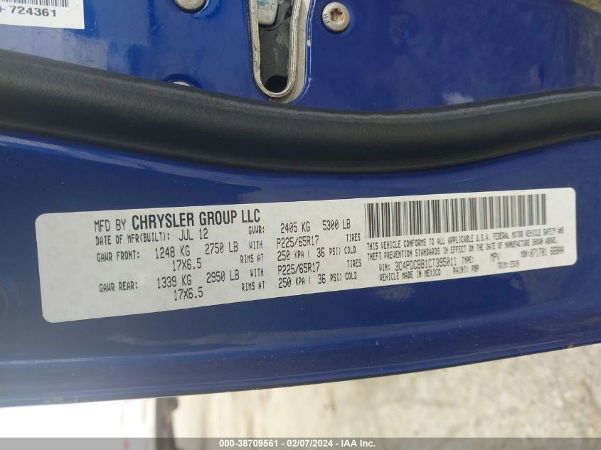 2012 Dodge Journey Sxt VIN: 3C4PDCBB1CT395011 Lot: 38709561