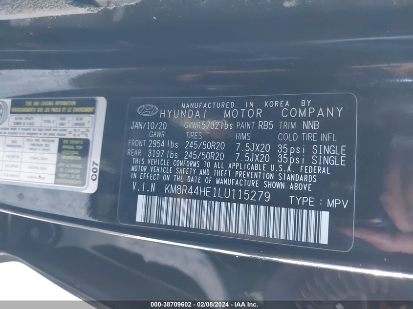 VIN KM8R44HE1LU115279 2020 HYUNDAI PALISADE SEL