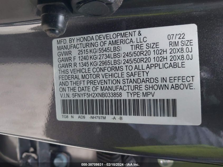 2022 Honda Pilot 2Wd Special Edition VIN: 5FNYF5H2XNB033858 Lot: 38709831