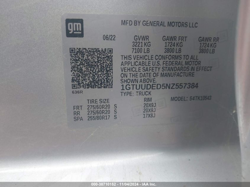 2022 GMC SIERRA VIN: 1GTUUDED5NZ557384