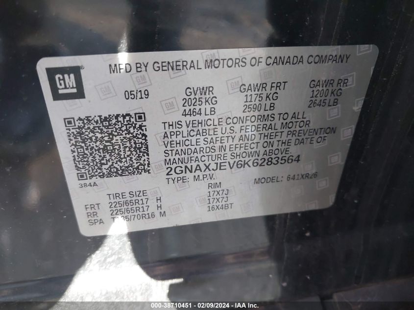 2GNAXJEV6K6283564 2019 Chevrolet Equinox Lt