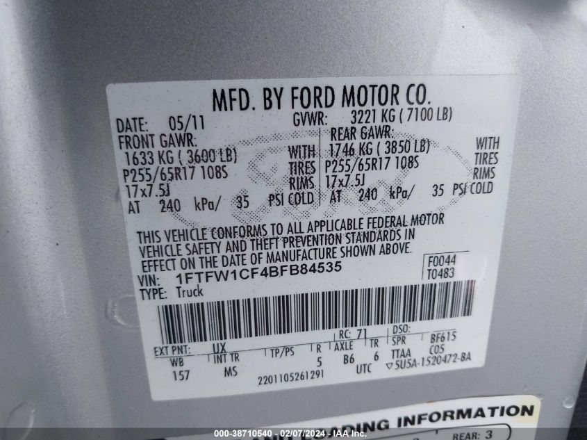 1FTFW1CF4BFB84535 2011 Ford F-150 Xlt