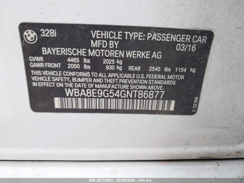 2016 BMW 328I - WBA8E9G54GNT86877