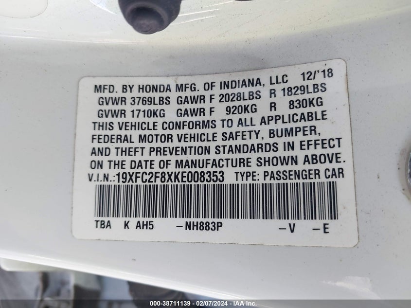 VIN 19XFC2F8XKE008353 2019 HONDA CIVIC SPORT