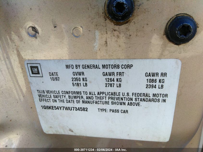 1998 Cadillac Deville D'elegance VIN: 1G6KE54Y7WU734582 Lot: 38711234