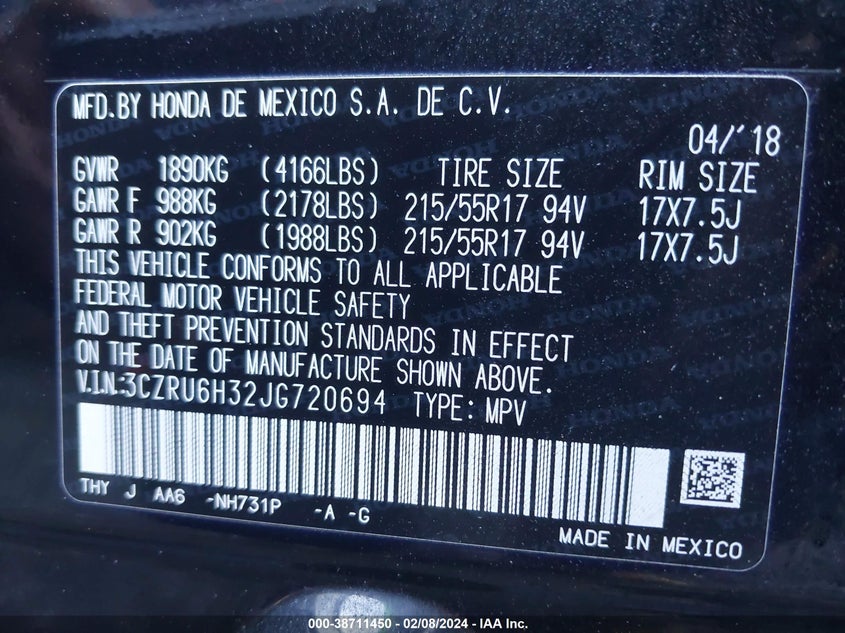 VIN 3CZRU6H32JG720694 2018 HONDA HR-V LX