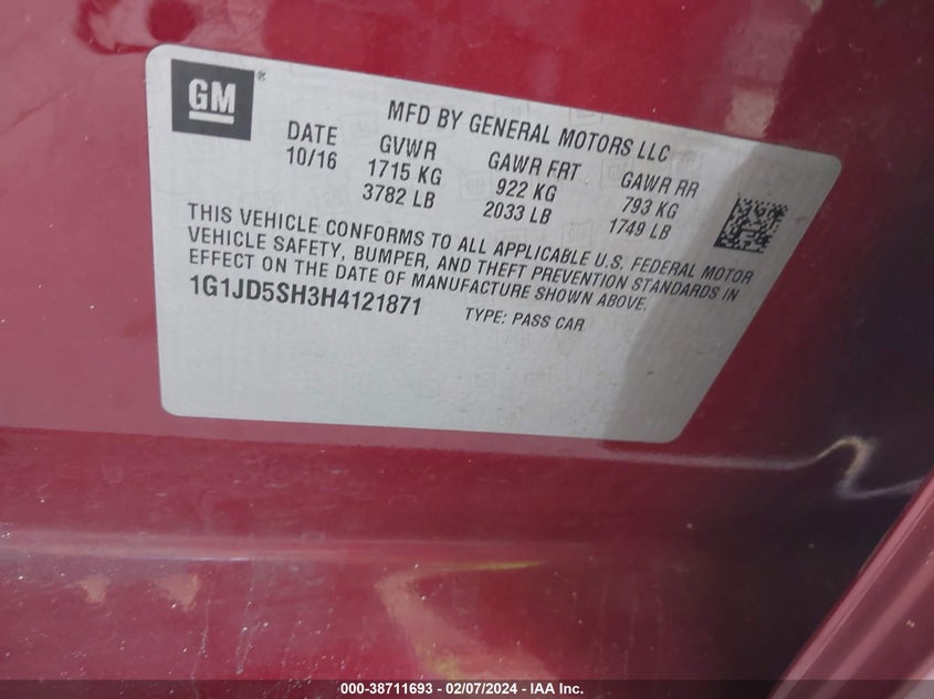 2017 CHEVROLET SONIC LT AUTO - 1G1JD5SH3H4121871