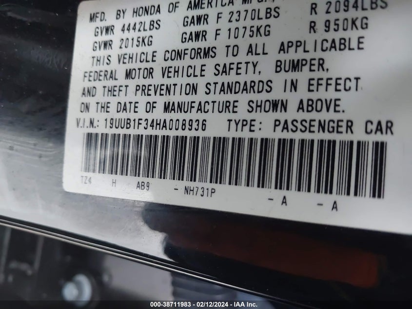 VIN 19UUB1F34HA008936 2017 ACURA TLX