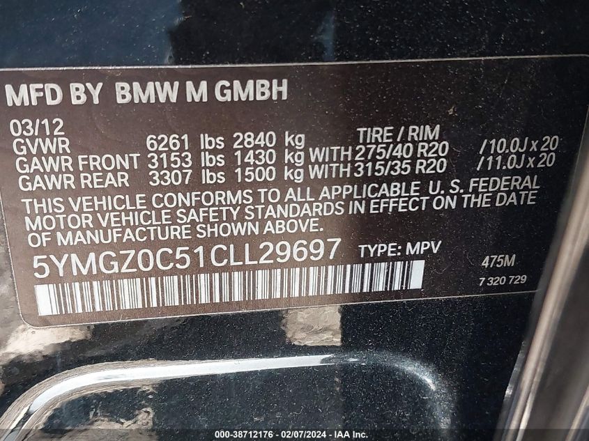 2012 BMW X6 M VIN: 5YMGZ0C51CLL29697 Lot: 38712176